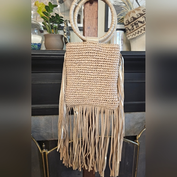 Sold Floral Bella Tan gold Woven Suede Fringe Handbag Purse - Picture 7 of 8